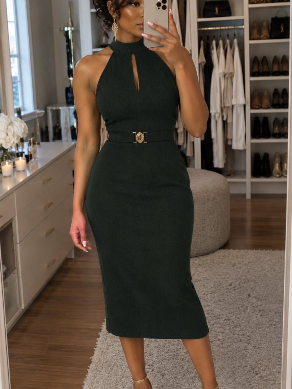 Sleeveless Dark Green Midi Dress with Keyhole Neck and Belt